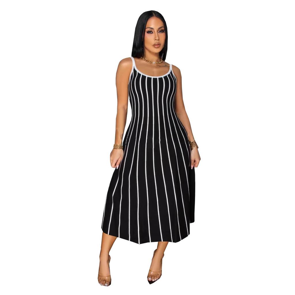 Retro Stripe Patchwork Backless Slip Dress - Color Block Sleeveless Long Slim Fit