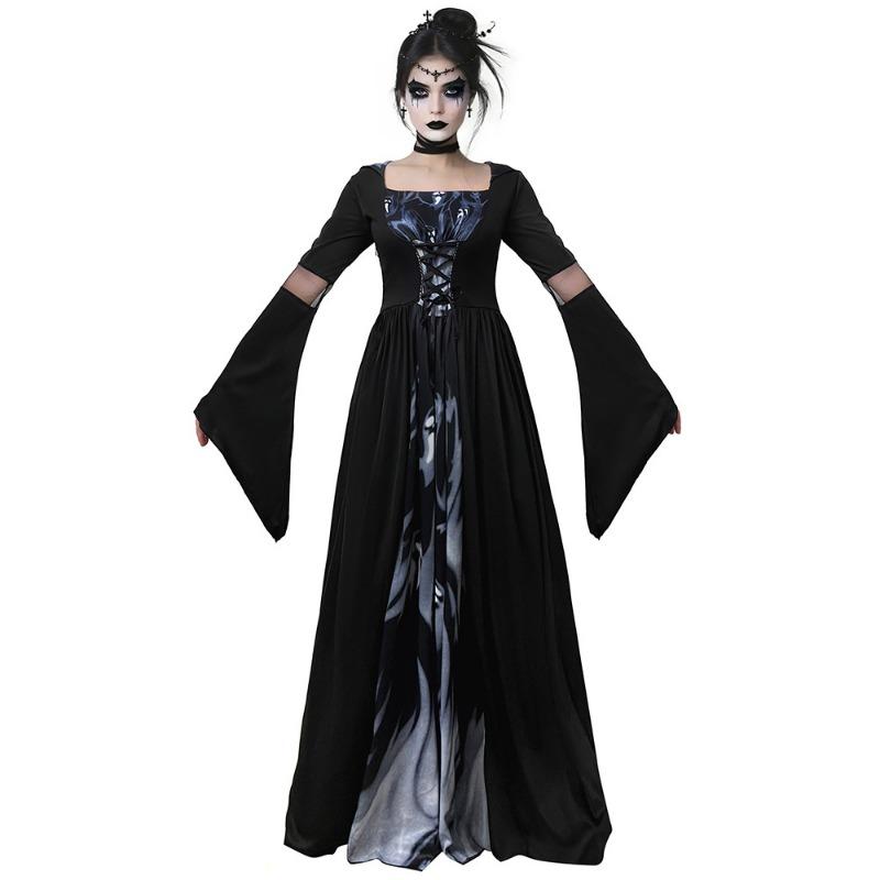 Hooded Black Witch Dress Halloween Cosplay Stage Performance Costume For Women