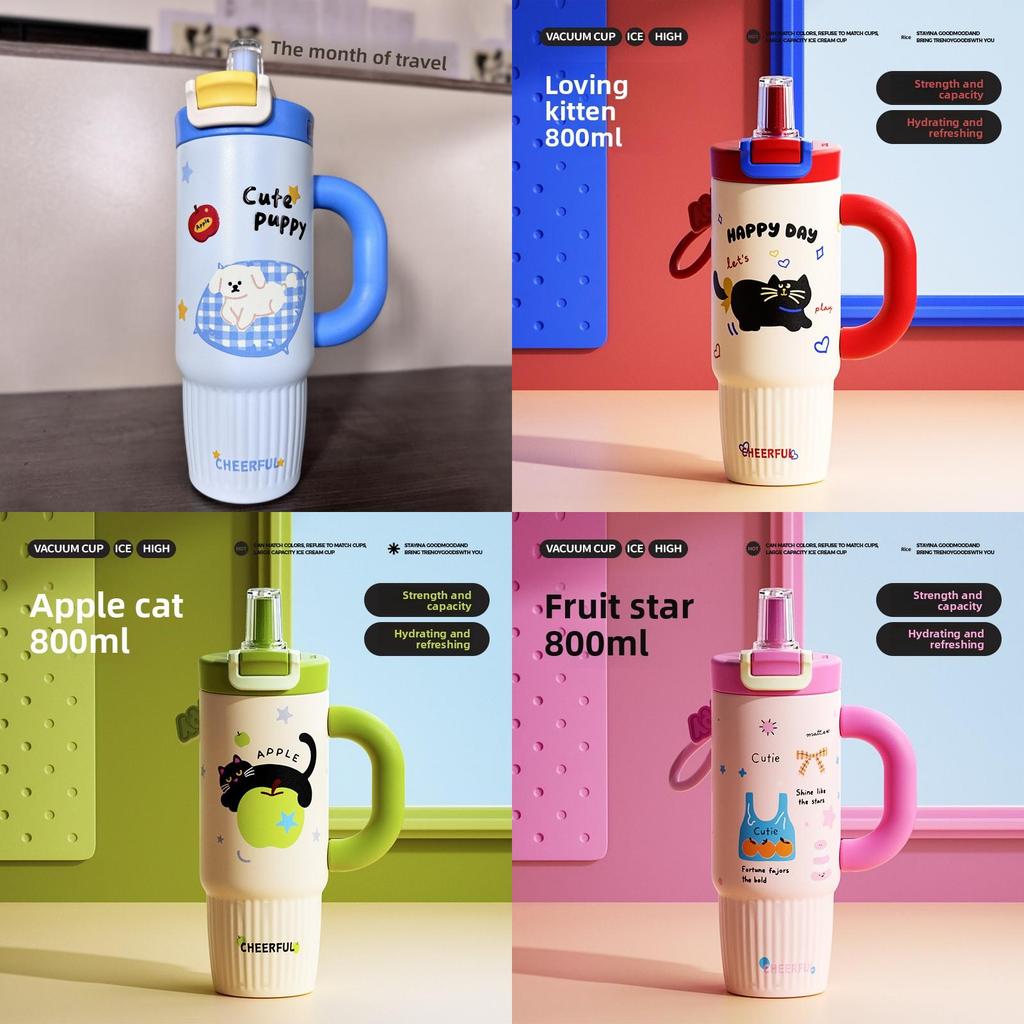 Cute Cat Pattern Stainless Steel Thermos Flask For Girls With Large Capacity And Leakproof Lid