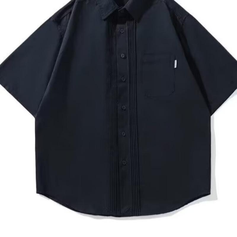 Men Pleated Front Short Sleeve Button Down Shirt Oversized Casual Lapel Shirt with Pocket for Men M темно-синий