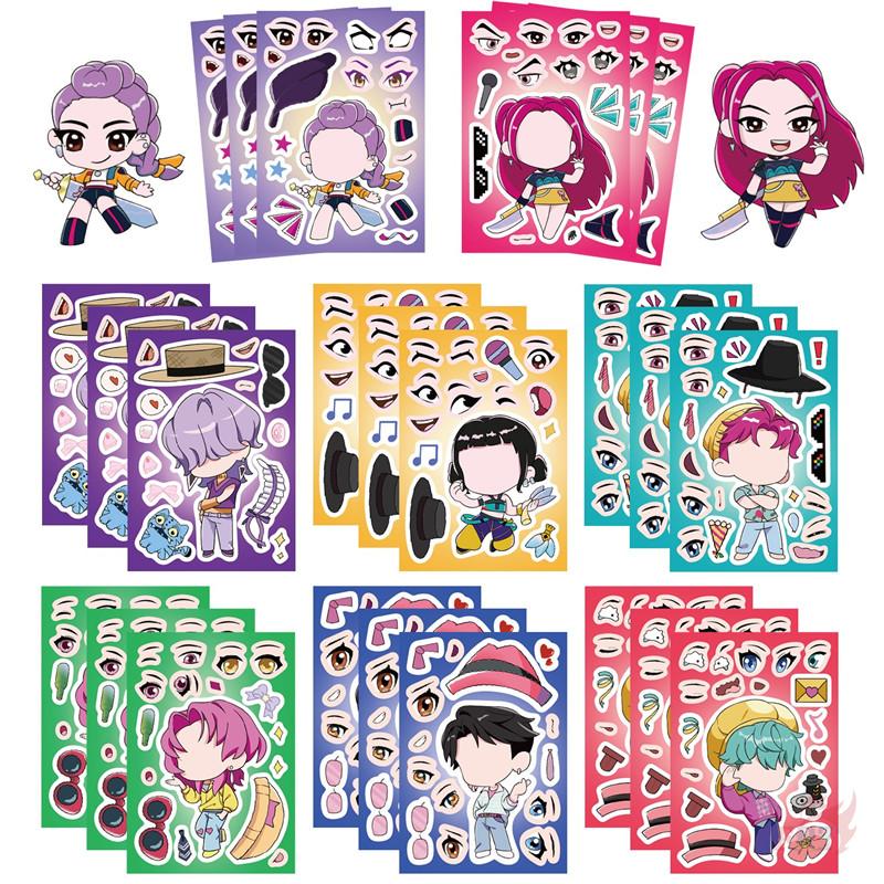 8Sheets/Set KPop Demon Hunters. Make A Face Series 01 Kids Funny Puzzle Stickers DIY Fashion Waterproof Doodle Decals Stickers