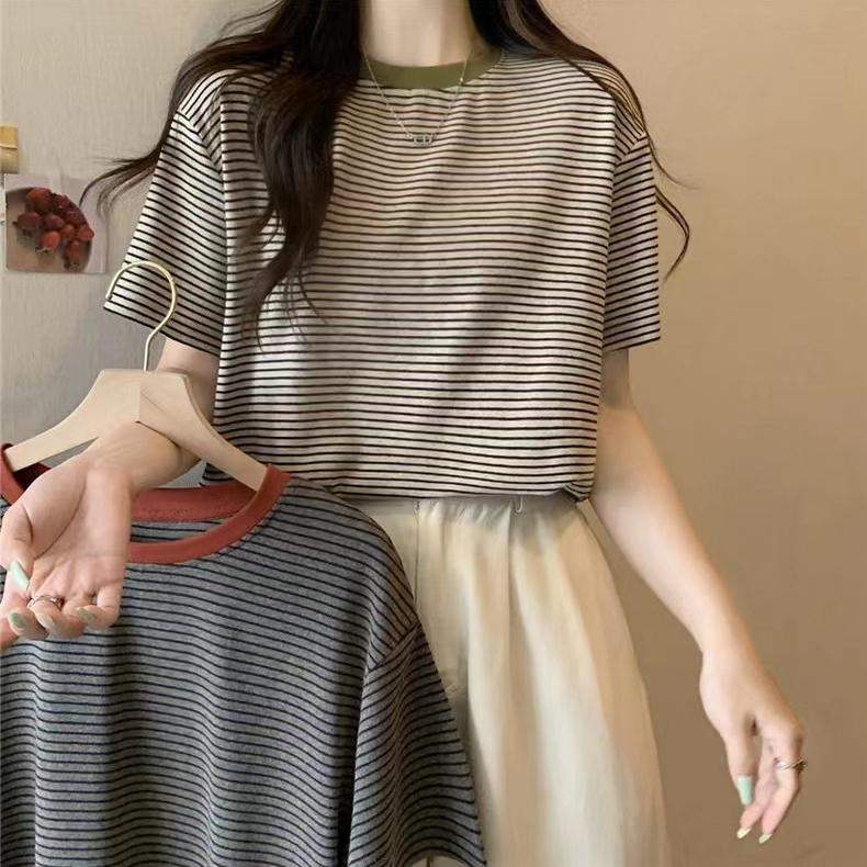 

Лето 2024, модные женские футболки в полоску Femme Harajuku, повседневная свободная универсальная одежда из чистого хлопка, футболка женская уличная одежда