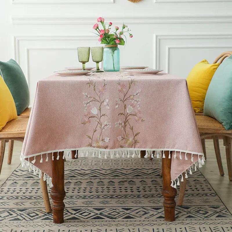 Floral Embroidery Tassel Tablecloth, Cotton Linen, Dust Proof Table Cover, Kitchen, Dining Room,Home Party, Tabletop Decor