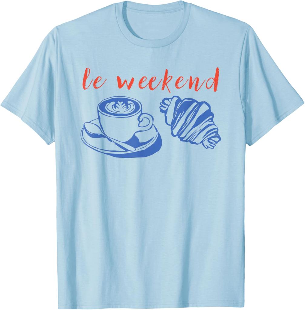 Le Weekend Coffee Croissant Graphic Tee Relaxing Casual Short Sleeve TShirt