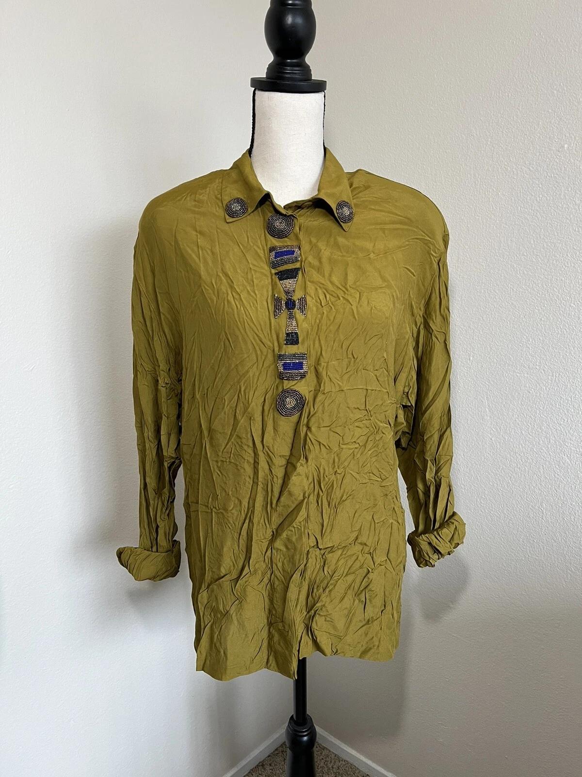 Vintage Regina Porter Cotton Beaded Long Sleeve Button Up Shirt Size 14 Olive S