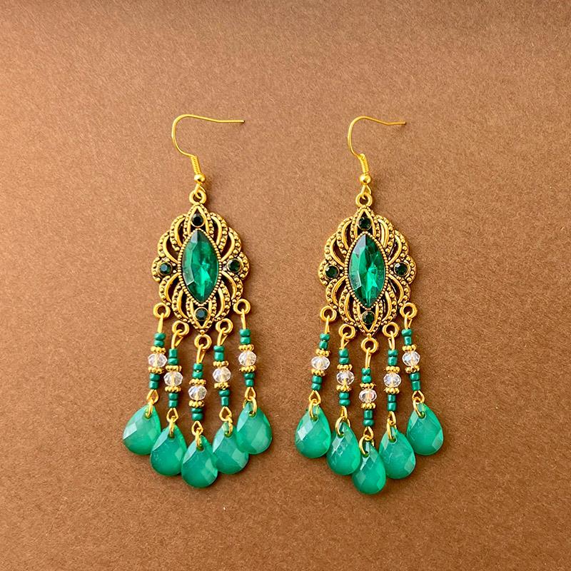 Green Natural Water Drop Feather Earrings for Women Vintage Boho Long Rhinestone Crystal Dangle Earring Vacation Jewelry
