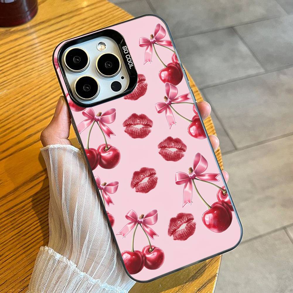 RED Pink C-Cherry Parinting Phone Case For iPhone 16 17 15 14 12 13 Pro Max Black Candy Matte Shockproof Cover