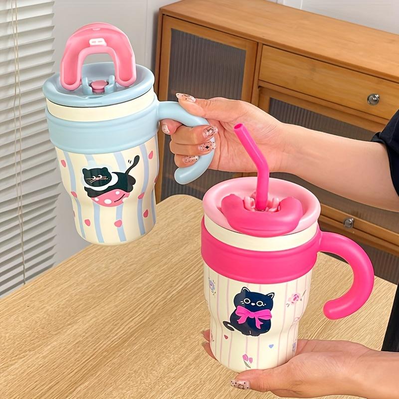 700ML Car Cup Cute Cat Thermos Cup SUS316 Outdoor Travel Portable Large Capacity Ice Cup with Handle Straw as a Birthday Gift