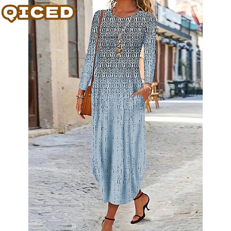 QICED Fashion Autumn Winter Long Sleeve O-Neck Casual Dresses