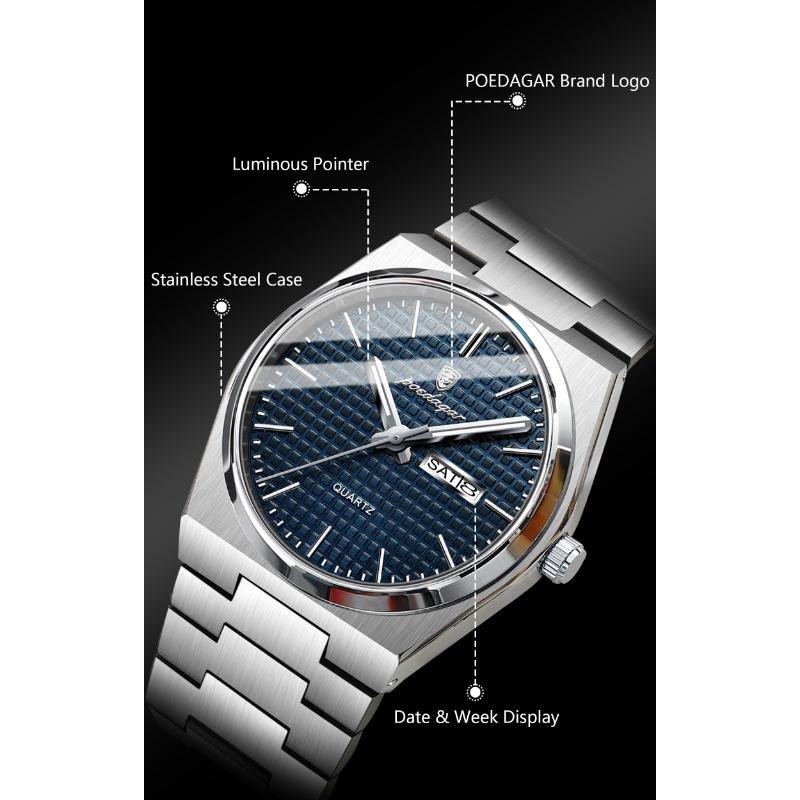 POEDAGAR Top Luxury Man Watch Waterproof Stainless Steel Men Wristwatch Luminous Date Week Fashion Business Quartz Men's Watches