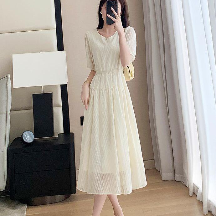 Elegant Mid-Length Chiffon Dress - Summer 2025, Round Neck, Slimming, Flattering Fit