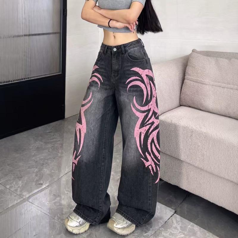 VIONA Y2K American Vintage Mottled Totem Print Baggy Jeans Women's High Waist Wide Leg Jeans Men Clothing Harajuku Trendy Hip Hop Pant