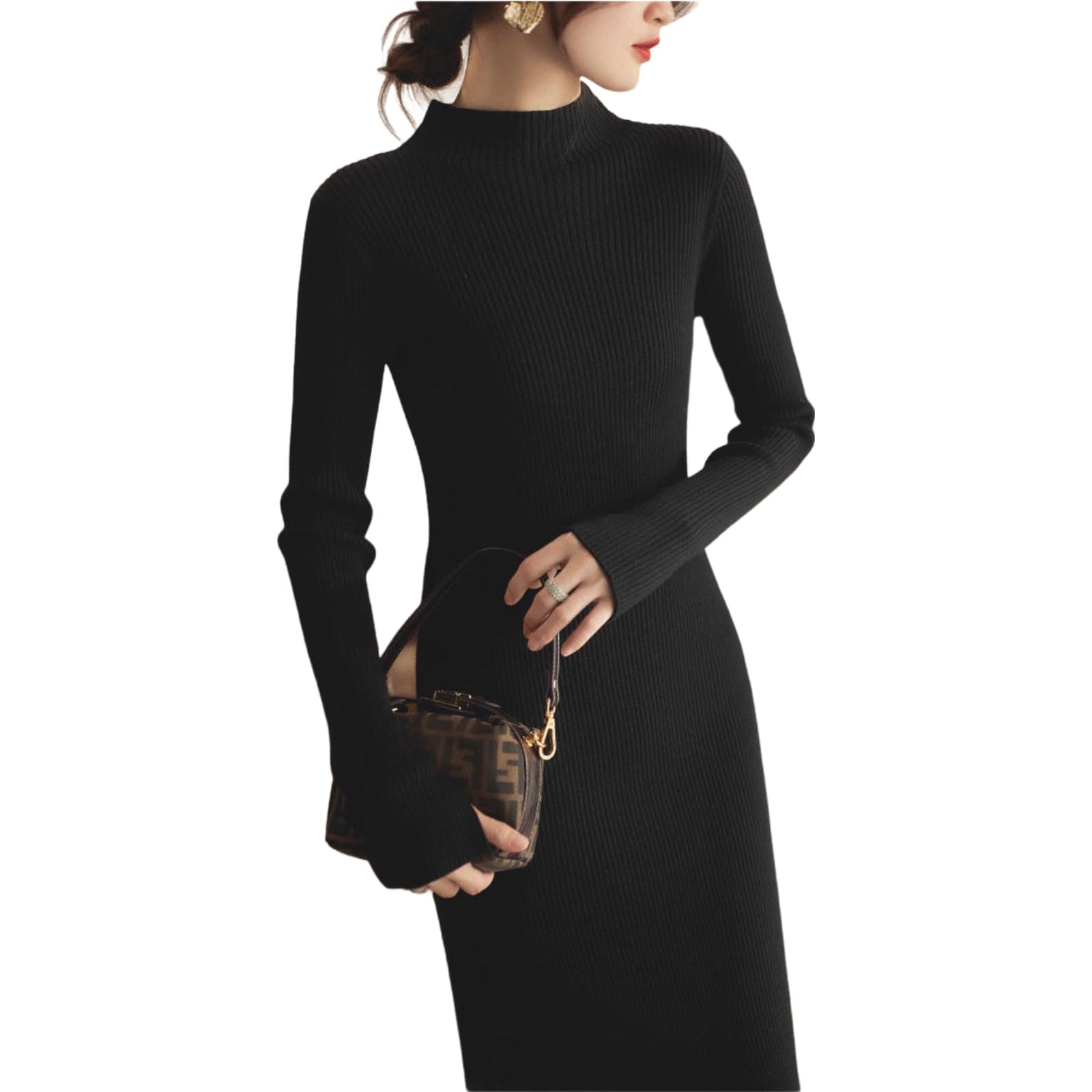 

Knit Sweater Long Medium Loose High Slim Slimming Simple Black [JINJUDUO] Dress, Autumn/Winter, Women s Dress, Cashmere-like, Sleeves, Length, Fit, чёрный