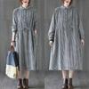 The real spring new literary loose cotton and linen plaid long-sleeved dress women's waist medium and long