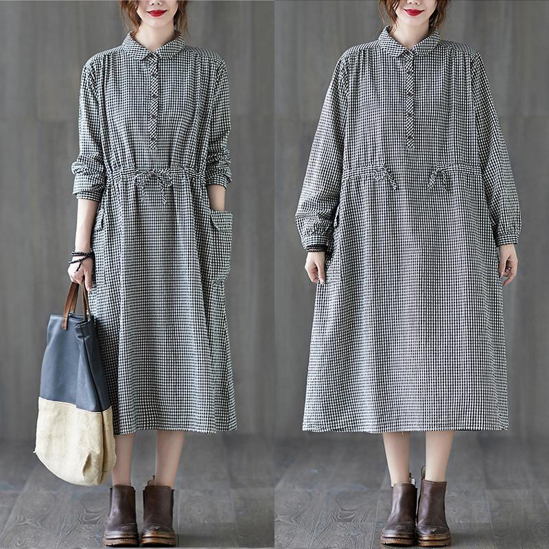 The real spring new literary loose cotton and linen plaid long-sleeved dress women's waist medium and long