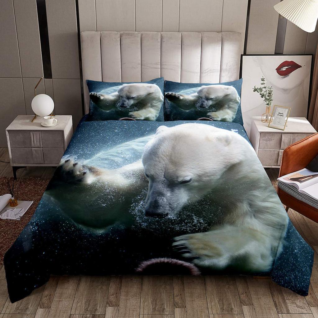 Bear Pattern Bedding Set Polar Bear Duvet Cover for Child Adult,White Bear Snow Mountain Sunset Soft Microfiber Comforter Cover