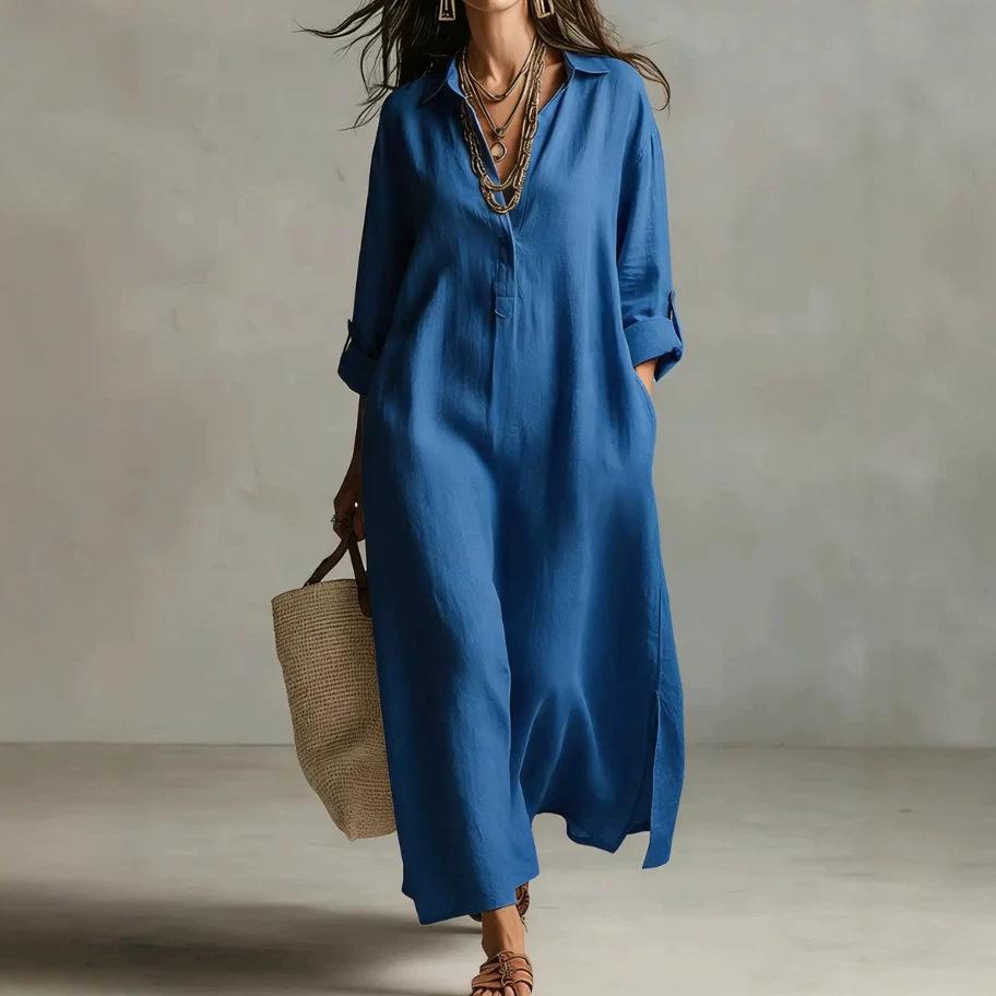 Spring And Summer Solid Color Lapel Casual Long-sleeved Shirt Long French Dress