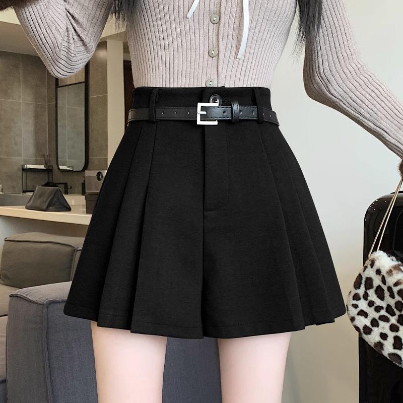 

2024 Осень/Зима Шорты с высокой талией из смесовой шерсти плиссе - Женские А-силуэта с широкими штанинами повседневные брюки в стиле сапог L чёрный