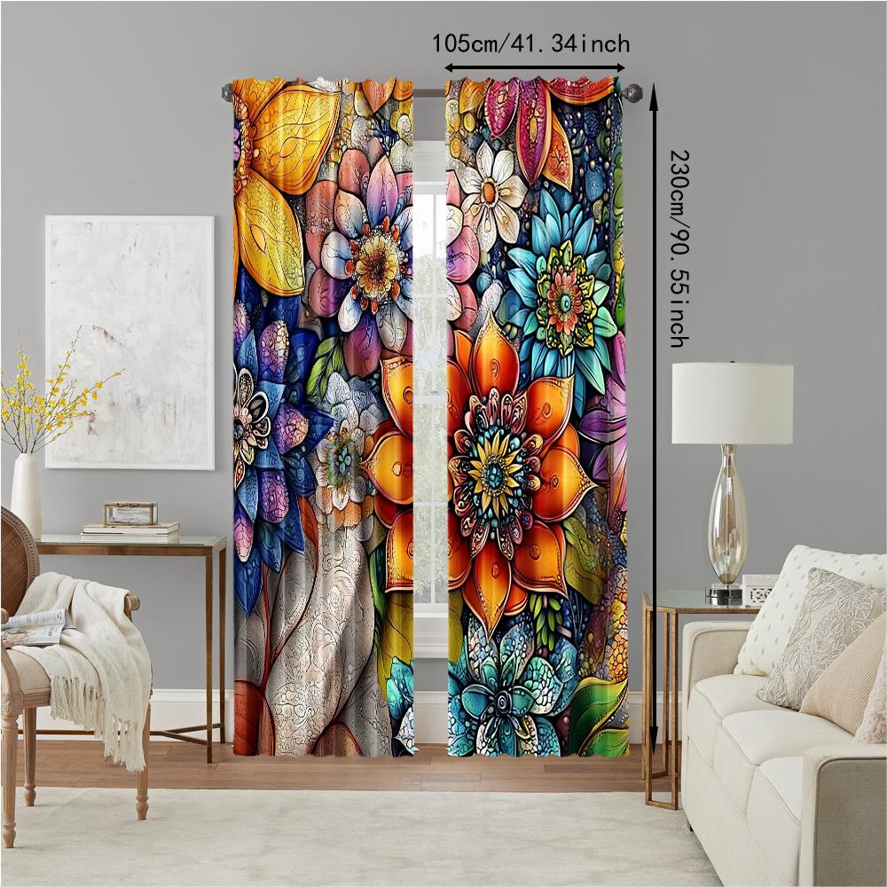 2 Stück Blumige Boho-Fenstervorhänge Bohemian Buntes Blumenmuster Fensterbehänge für Zuhause Schlafzimmer Wohnzimmer Küche Zuhause