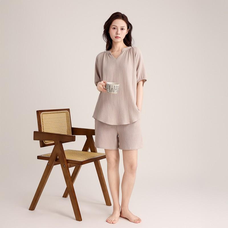 Womens Lightweight Cotton Pajama Set V-Neck Long Sleeve Loose Lounge Wear