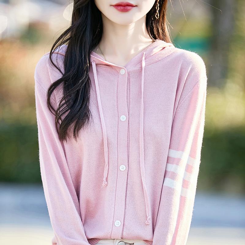 2026 Spring/Summer Women's Lightweight Wool Knit Hooded Cardigan with Three Stripes