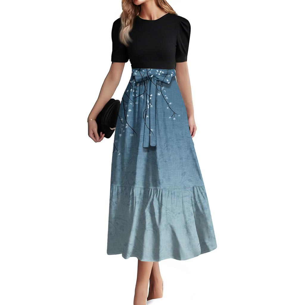 Women's Fashion Casual Belt Short Sleeve Print Round Neck Stitching Elegant Temperament Dress
