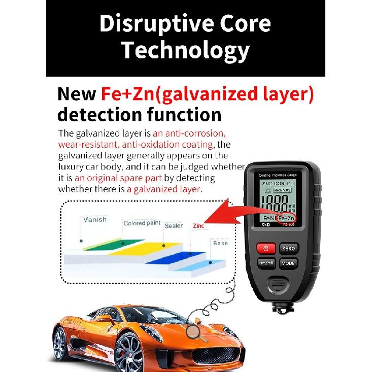 R&D TC100 Metal Putty Coating Thickness Gauge for Car Digital 0-1300um Fe NFe Zn Probe Car Paint High Speed Paint Film Meter