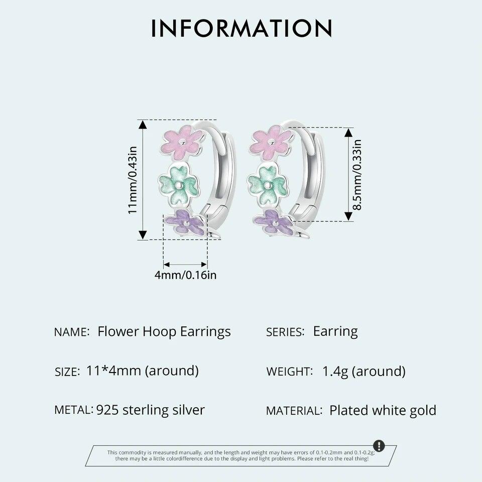 Cercei cu cerc cu flori multicolore din argint 925 BAMOER, cu flori emailate, catarame pentru urechi, pentru femei, fete, petrecere, bijuterii fine