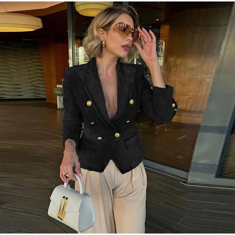 

Весенне-летняя джинсовая куртка двубортная приталенная топ женский блейзер короткий пиджак с лацканами длинные рукава L