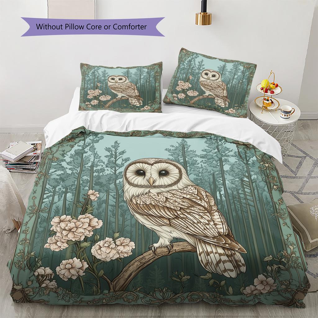 Eule auf Ast Muster Bettwäsche Quilt Set Heimdekoration Geschenk (1 Bettbezug + 2 Kissenbezüge, ohne Füllung)