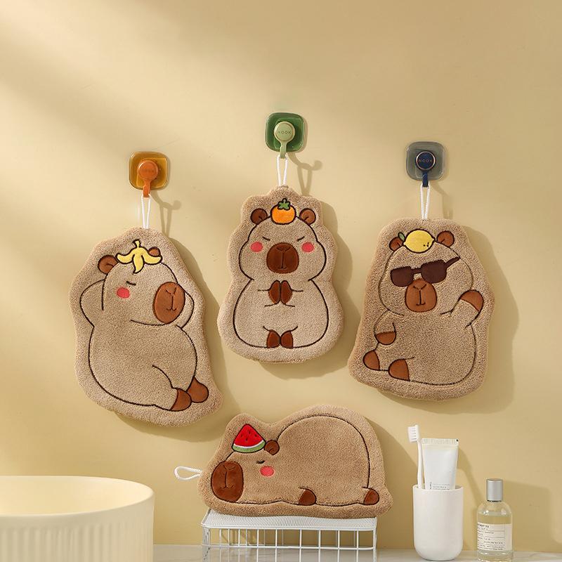 Cartoon Hand Towel Cute Capybara Hanging Towel Kitchen Bathroom Face Washcloth Guinea Pig Coral Fleece Quick Drying Towel