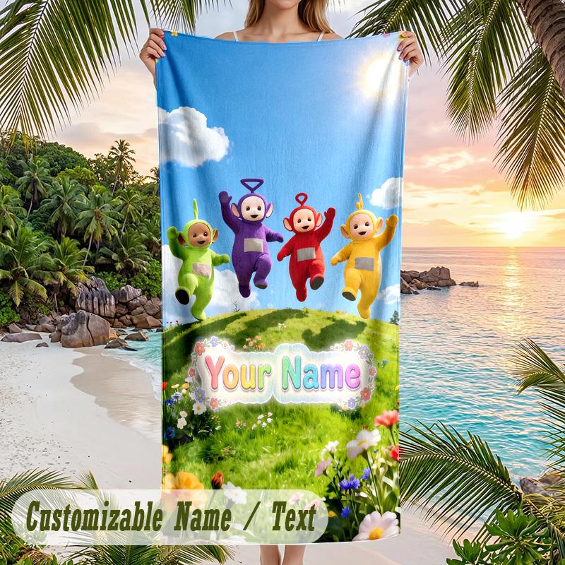 Teletubbies Beach Towel, Personalized Custom Text, Quick Dry Soft Large Towel For Swimming Pool Travel