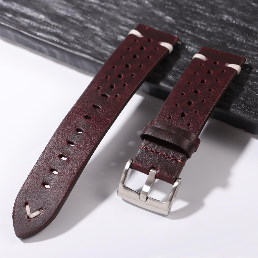 

Breathable Cowhide Watch Strap for Omega for Seiko Watch Band 20mm 22mm Oil Wax Leather Wristband Men Women Bracelet Accessories 22mm&Silver Buckle червоний