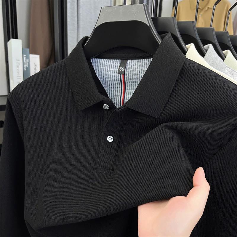 Spring Summer Men's Solid Color Cotton Polo Shirt - Long Sleeve Casual Top