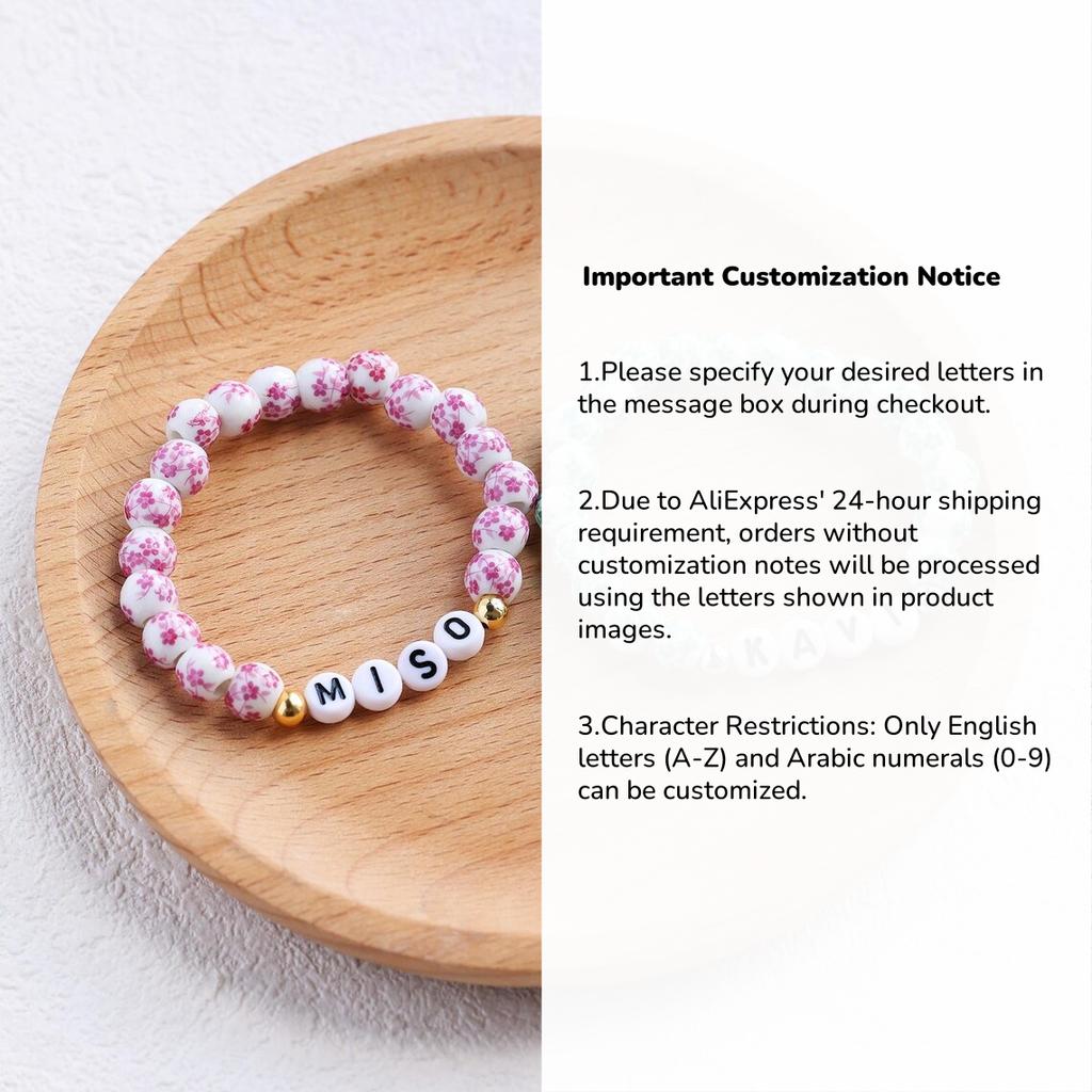 Vlen Personalized Name Custom Letter Bracelet Chinese Style Blue and White Porcelain Beaded Stretch Elastic Jewelry Gift for Her