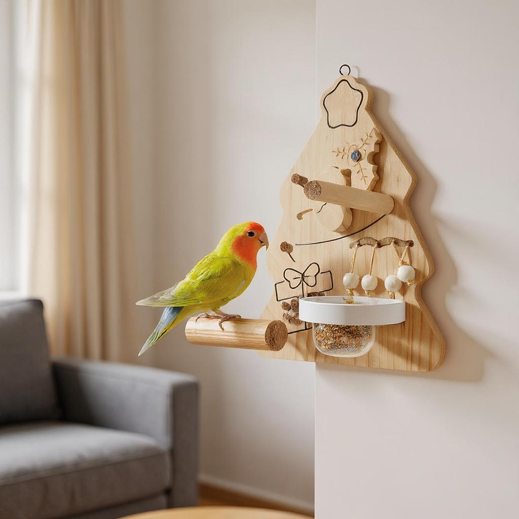 Bird Toy Chewing Christmas Tree Shaped Chewing Bird Playground Interactive Wooden Climbing Perch Enrichment For Cage Inside