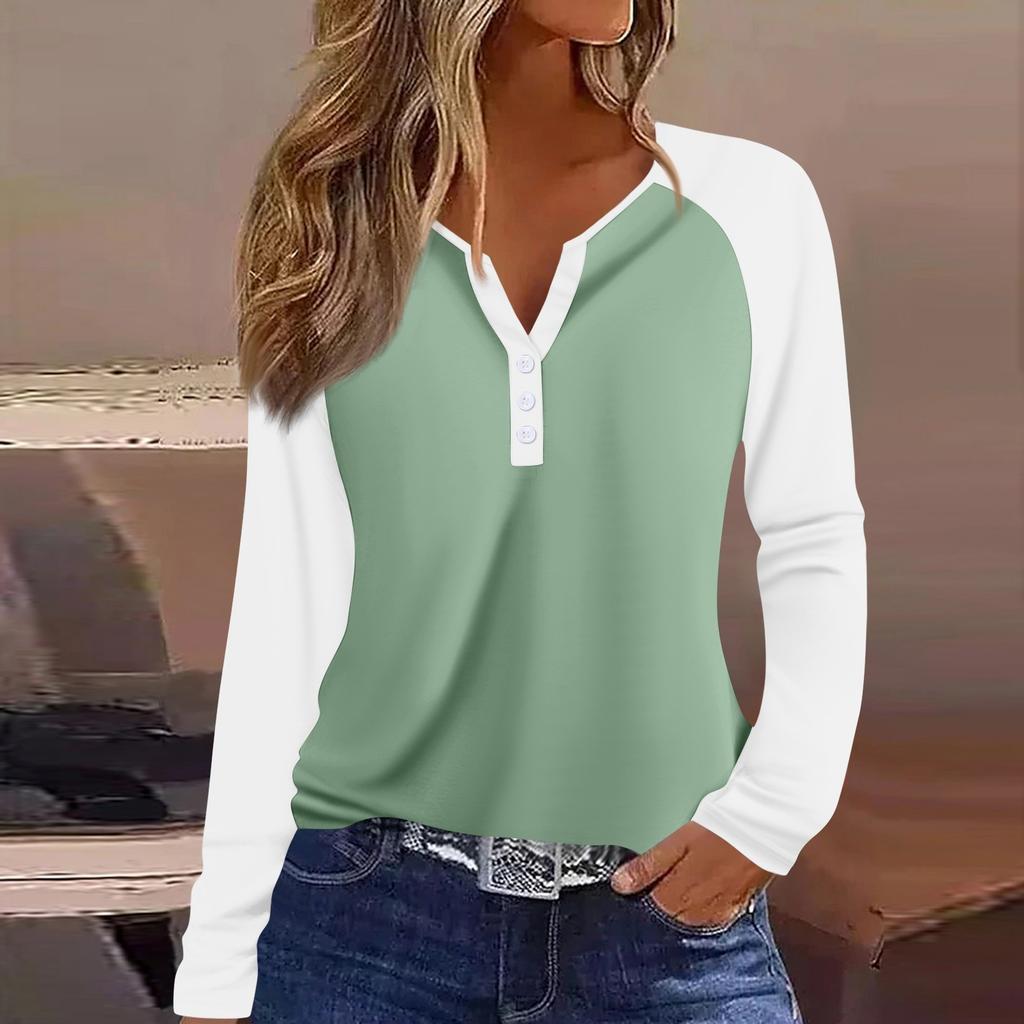 Women's T Shirt Color Block Button Long Sleeve Daily Weekend Fashion Basic V- Neck Regular Top