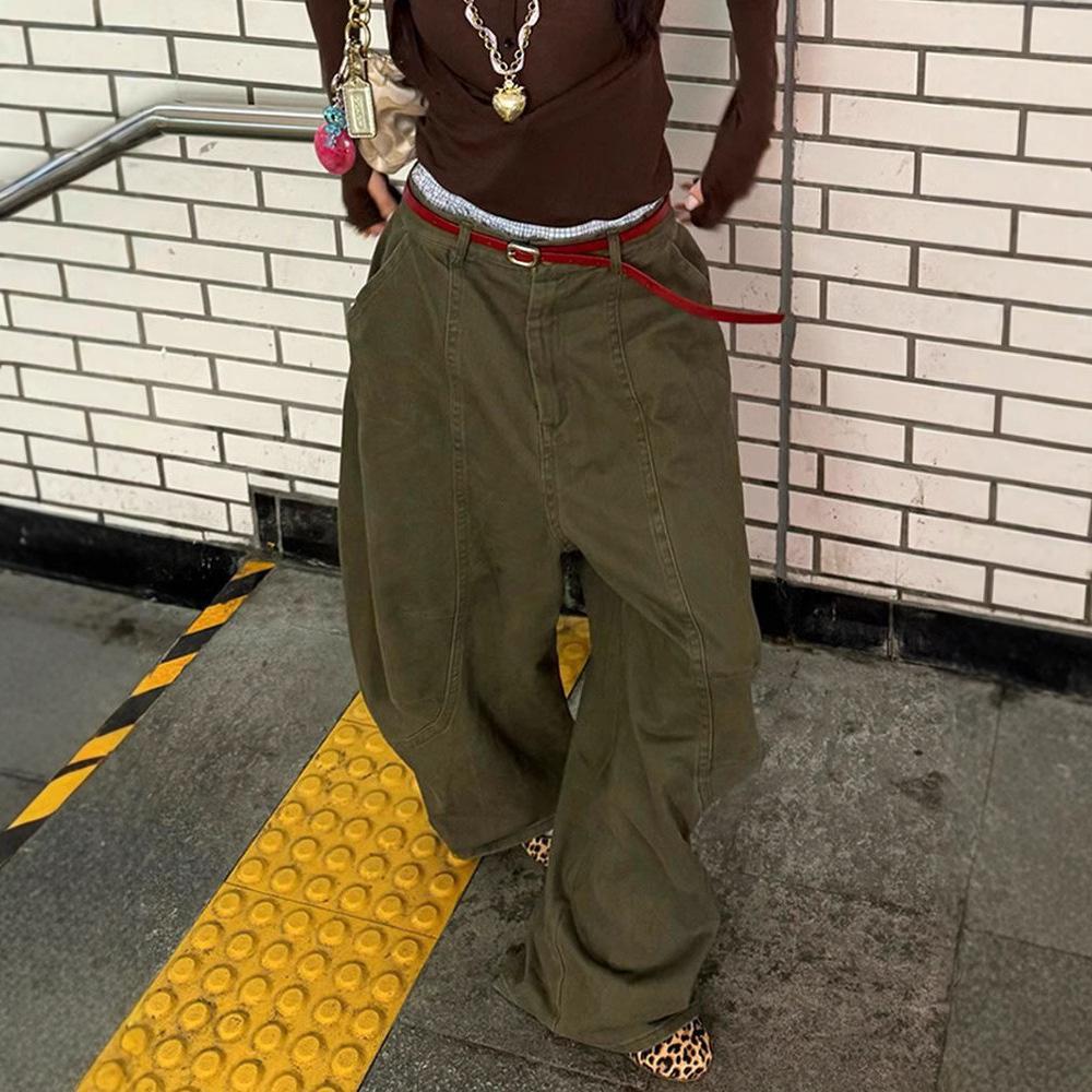 Large Size Retro Military Green Curved Knife Work Pants For Women In Street High-End Relaxed Casual Floor Pants