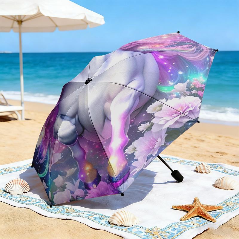 1pc Dreamy Rainbow Unicorn Umbrella Portable Folding Umbrella Iron Frame Hole Bone Structure Outdoor Home Umbrella