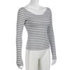 Spring and Autumn Models Women's Street Slim Personality Bottoming Casual One Shoulder Long-sleeved Striped T-shirt