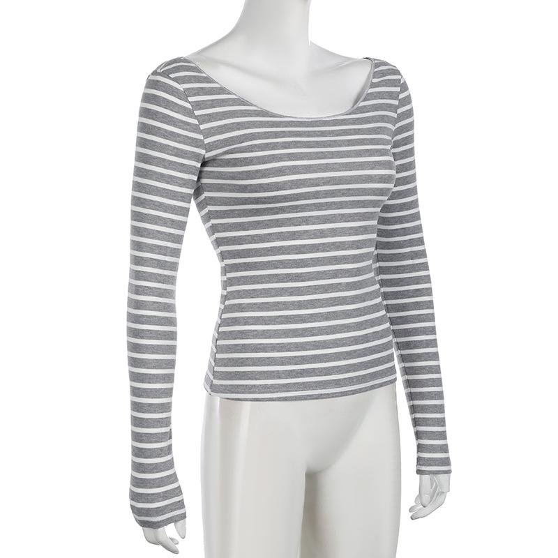 Spring and Autumn Models Women's Street Slim Personality Bottoming Casual One Shoulder Long-sleeved Striped T-shirt