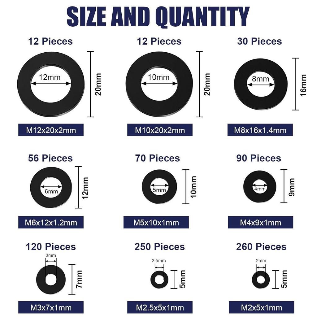 900pcs Black Nylon Insulating Flat Washer Set with Plastic Gasket