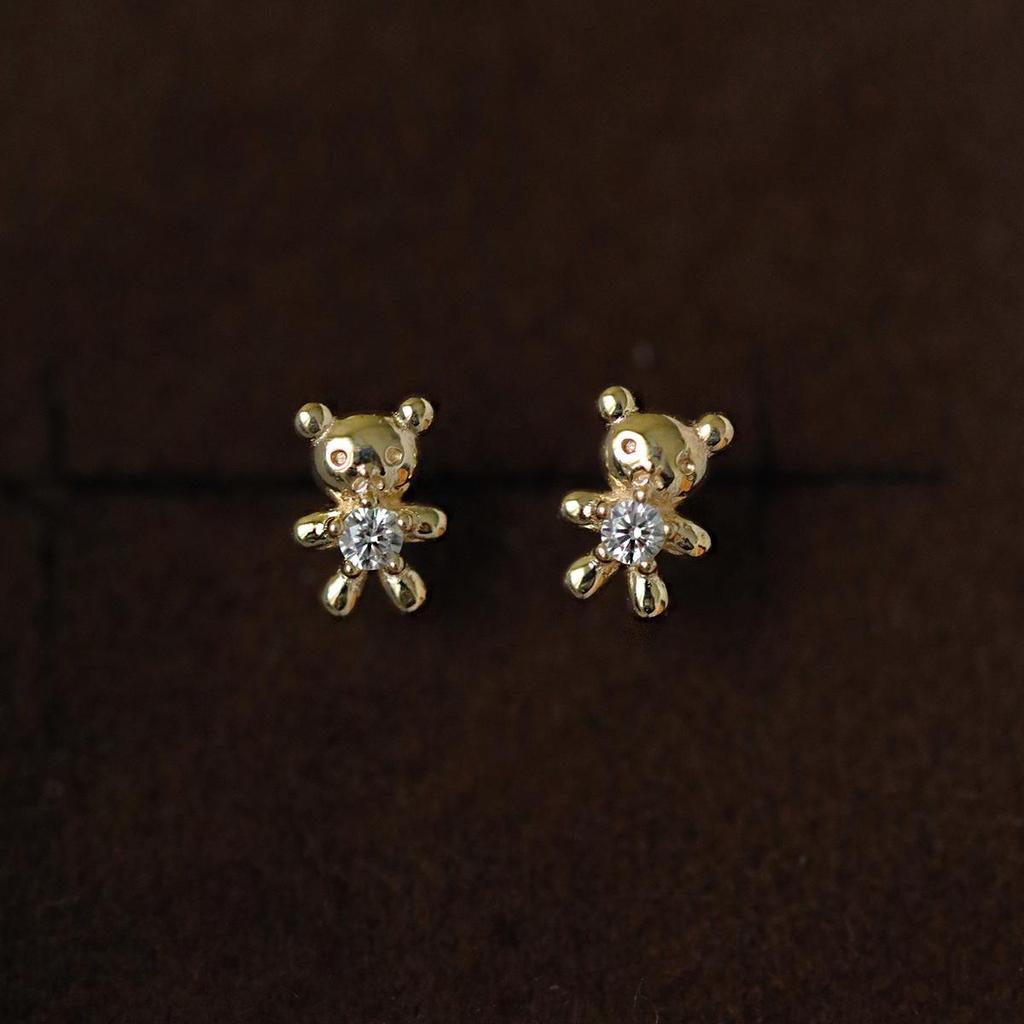S925 Sterling Silver Gold-Plated Little Bear 3D Stud Earrings - Compact, Cute, and Unique Design