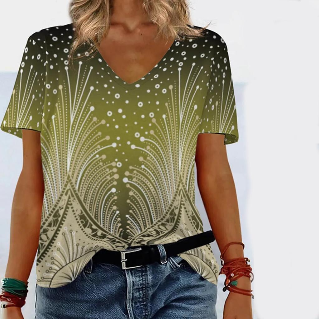 Summer V-neck 3D Gradient Printed Top Fashionable Casual Short Sleeved Women's T-shirts