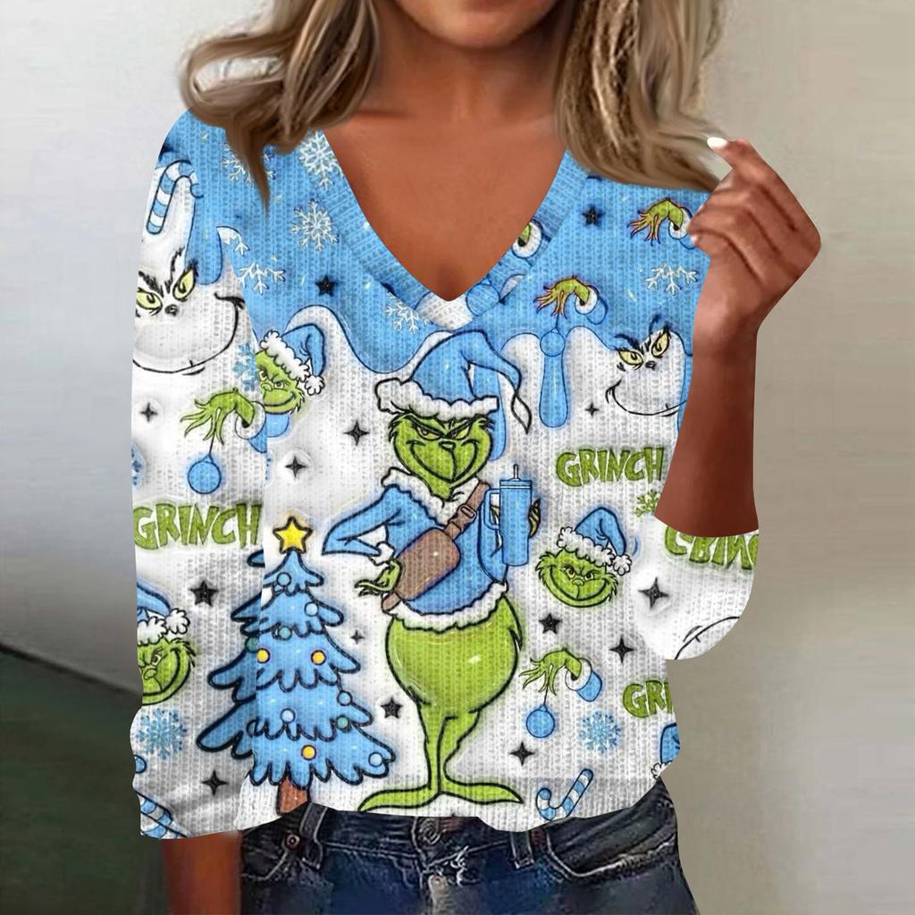 Women's Cute Sweatshirt Knitted Fashion Casual V-neck Long-sleeved  Cozy Print Top