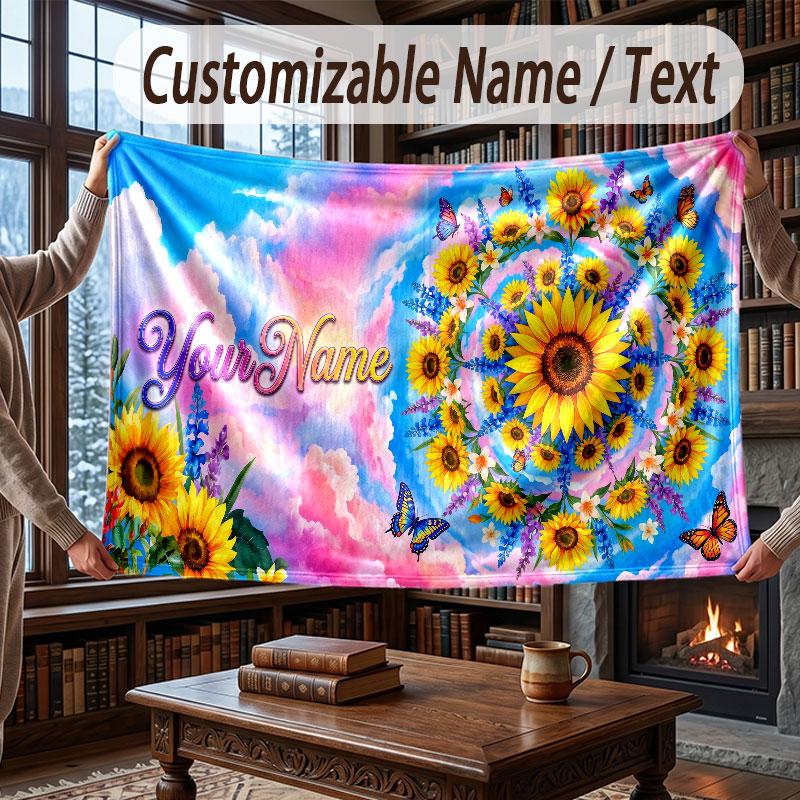 Floral Garden Theme Throw Blanket Custom Name Text Personalized Blanket Soft Cozy Blanket for Home Sofa Bed