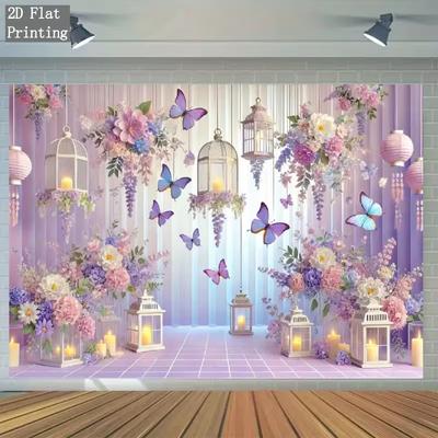 2D Flat Print Purple Flower Butterfly Backdrop Baby Shower Decor Background