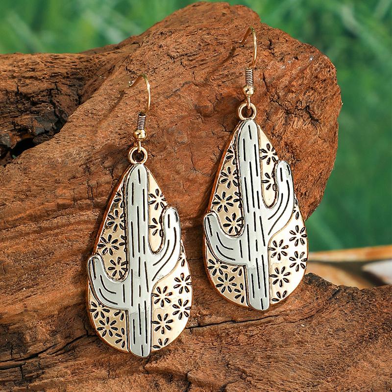 Fashion Ethnic Boho Vintage Drop Dangle Earrings For Women Carved Metal Geometric Flower Cactus Antique Bohemian Daily Zircon