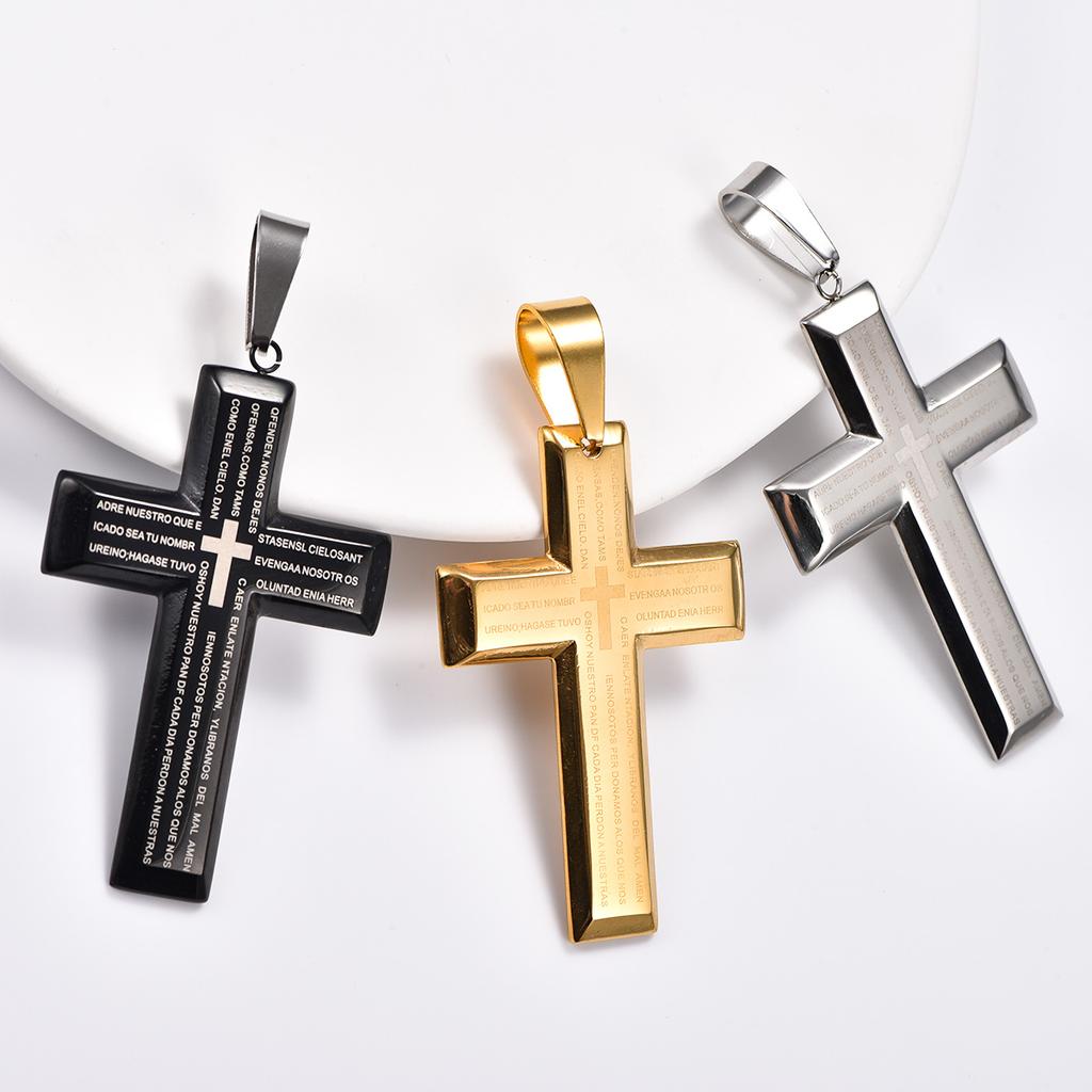 Stainless Steel Chunky Punk Printing Cross Pendant Necklace for Women Men Religious Prayer Faith Charms Chain Metal Jewelry Gift