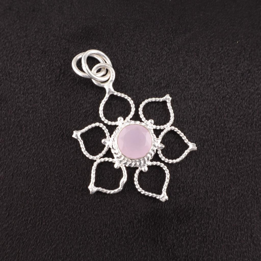 Round Rose Chalcedony Stone Sterling Silver Friend Gift Engagement Boho Pendant PP-18-35